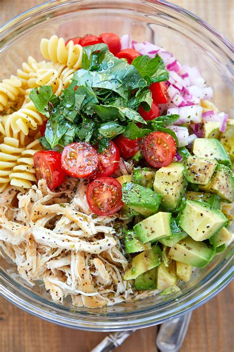 Seeds at christmas and pasta cooking liquid. Healthy Chicken Pasta Salad Recipe with Avocado - Chicken ...