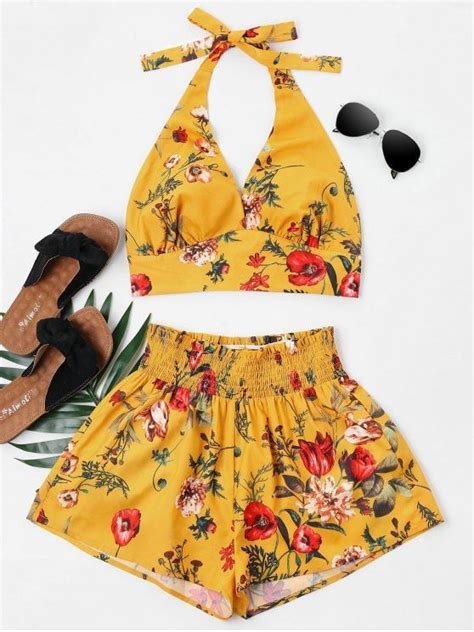 Print Halter Top And Shorts Set A Solid Matching Set Crafted From