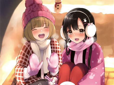 Download Wallpaper 1400x1050 Winter Cute Anime Girls Friends