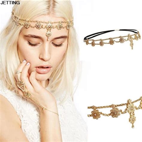 Fashion Women Gold Crystal Rhinestone Pearl Flower Elastic Hair Band