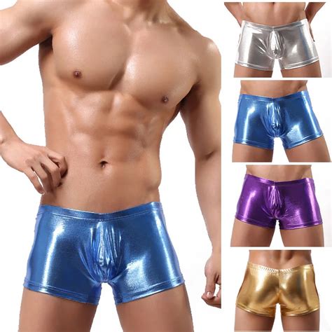 retail excellent 4 color male sexy elastic faux leather latex boxer short underwear low waist