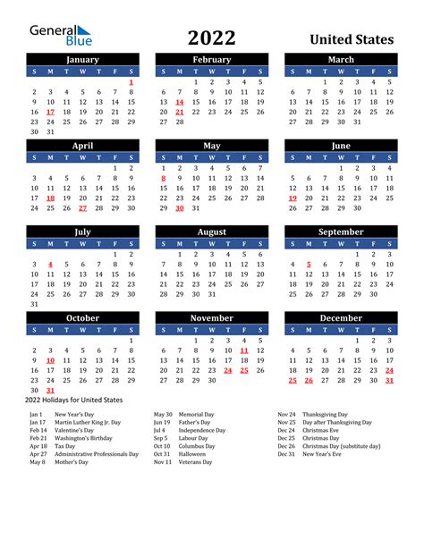 2022 United States Calendar With Holidays Riset