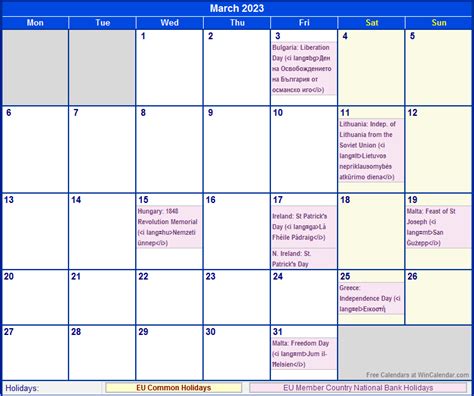 March 2023 Eu Calendar With Holidays For Printing Image Format