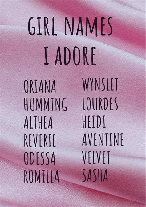 A Pink Sheet With The Names Of Girls Names In Black And White On Its Side