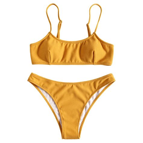 2018 Women High Waist Padded Bikini Set Wire Free Spaghetti Straps Ribbed Cami Bathing Bikini