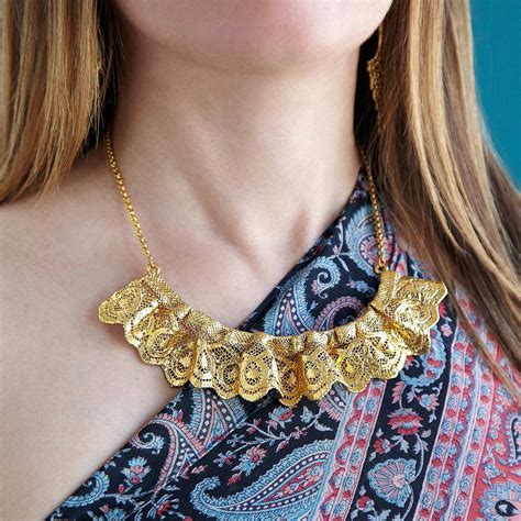 Ruffled Gold Dipped Lace Statement Necklace Gilded Lace Jewelry