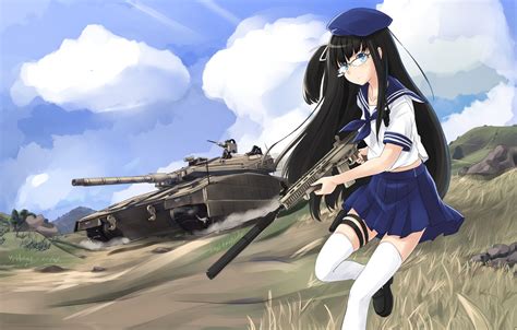 Wallpaper Girl Gun Weapon Anime Brunette Rifle Tank