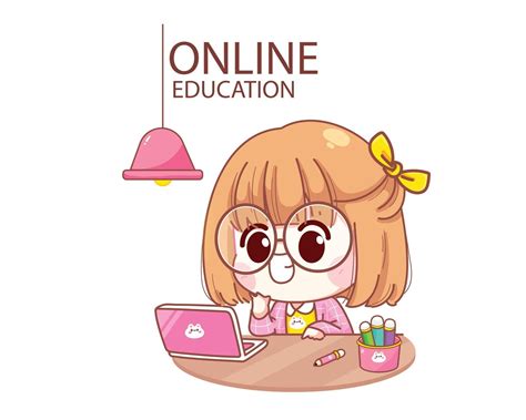 Cute Kid Studying Online With Laptop Cartoon Illustration 2384245