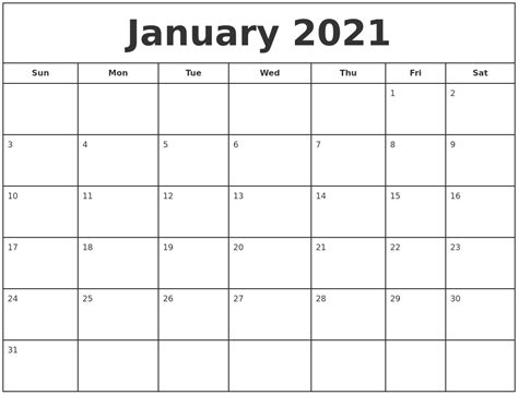 January 2021 Print Free Calendar