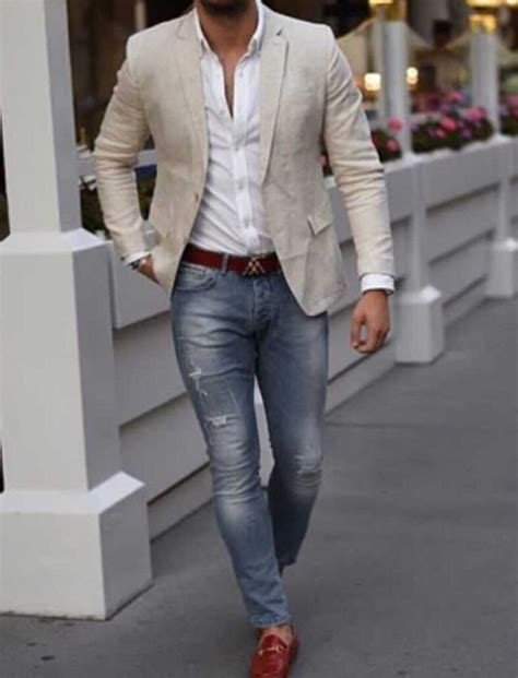 Beige Linen Blazer White Shirt And Jeans Man In A Big City Mens