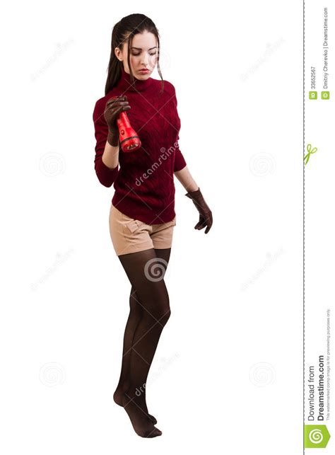 Brunette In Red With A Lantern Stock Image Image Of Brunette Fashion