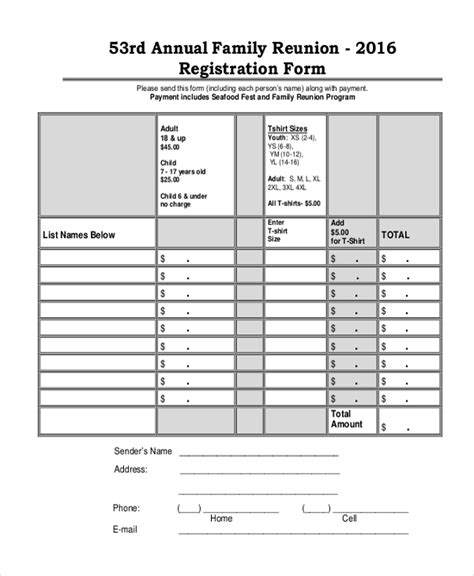sample family reunion registration forms