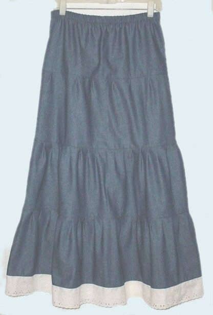 Long Denim Prairie Skirt With Eyelet Lace Trim Modest Skirts Skirts