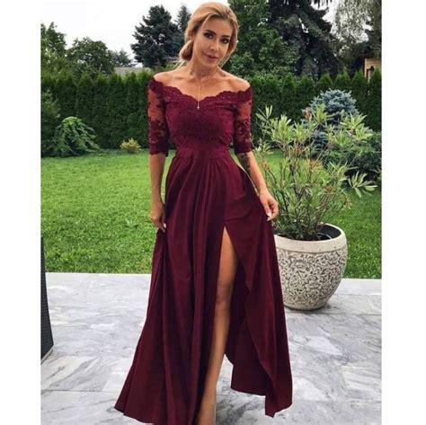 Burgundy A Line Prom Dress Half Sleeves Lace V Neck High Slit Formal