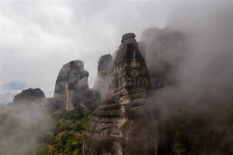 Meteora Panoramic Morning View Of Unique Rock Formation Near Tourist