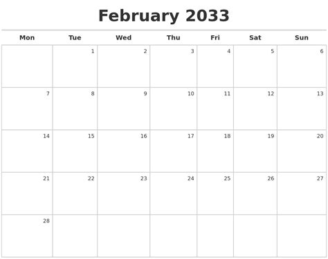 February 2033 Calendar Maker