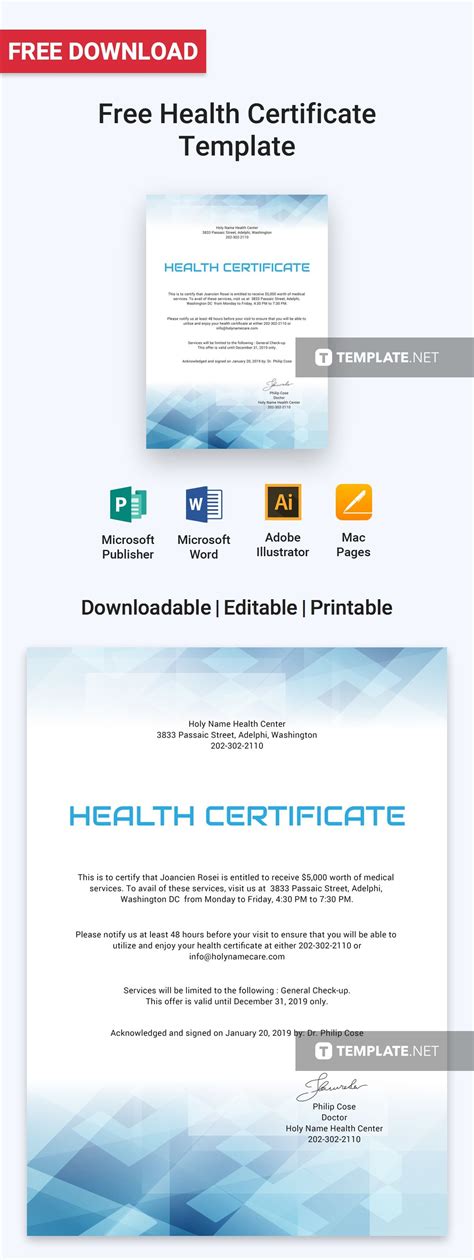 Health Certificate Template Free  Word