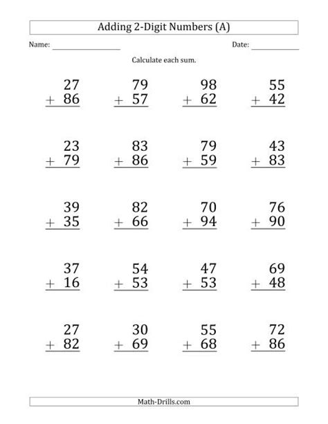 Large Print 2 Digit Plus 2 Digit Addition With Some Regrouping A