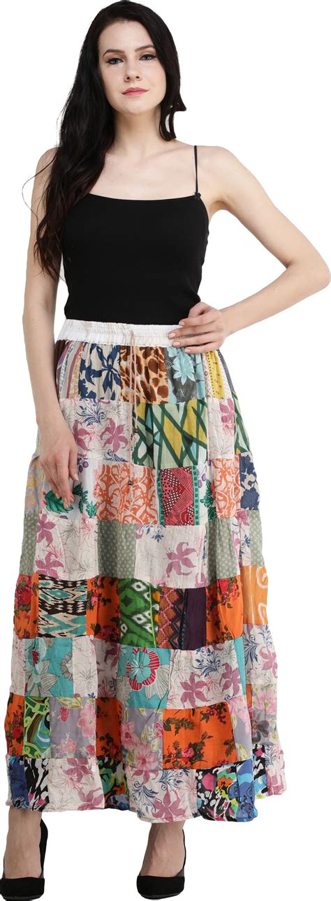 Long Printed Boho Skirt From Gujarat With Patch Work And Dori On Waist