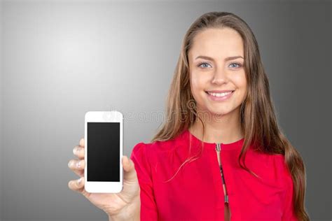 Young Woman Holding Smartphone Stock Image Image Of Cheerful