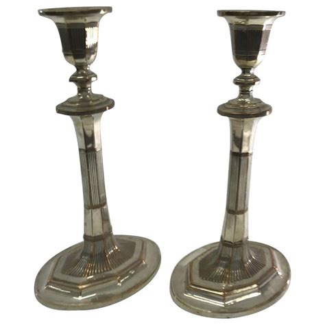 Pair Of Victorian Sheffield Silver Plate Neoclassical Candlesticks