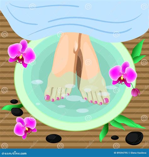 Vector Illustration Female Feet At Spa Pedicure Procedure Legs Flowers And Stones Stock Vector