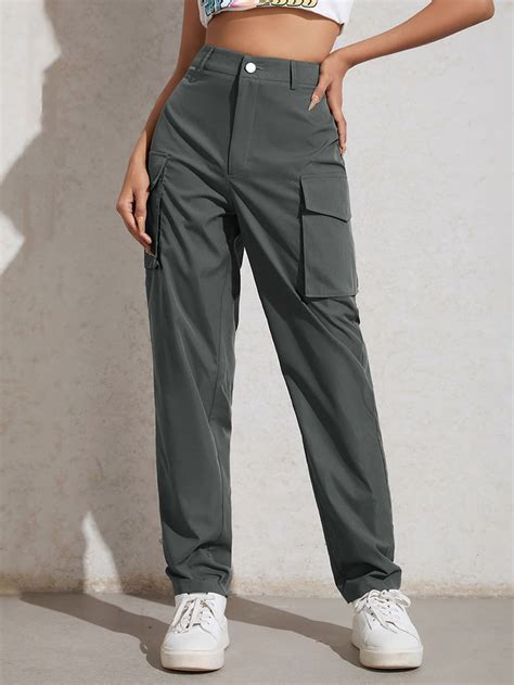 Shein Ezwear High Waisted Flap Pocket Zip Fly Trousers Shein Uk