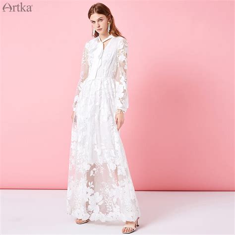Artka 2019 Spring New Lace Long Dress For Women Fashion Lace Sexy V Neck Lady White Dresses