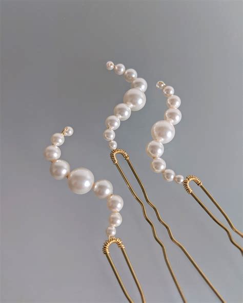 Set Of 3 White Swarovski Pearl Bridal Hair Pins Minimalist Bride