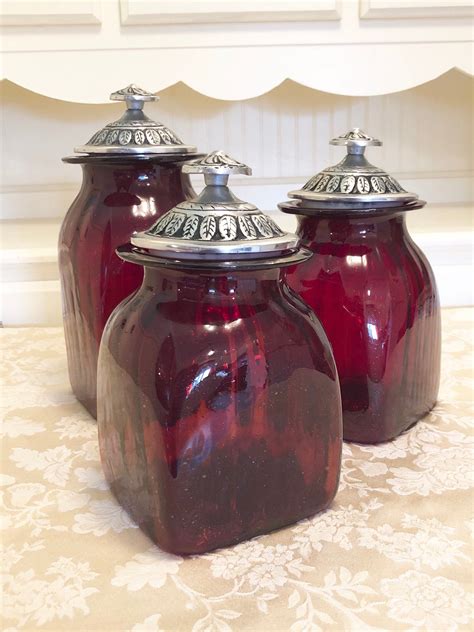 Wine Red Glass Canister Set Mexico Glass Canister Metal Lids Etsy
