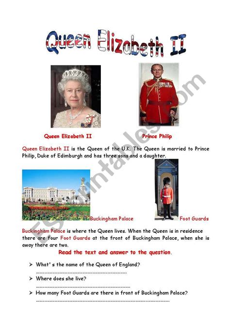 English Worksheets Queen Elizabeth Ii