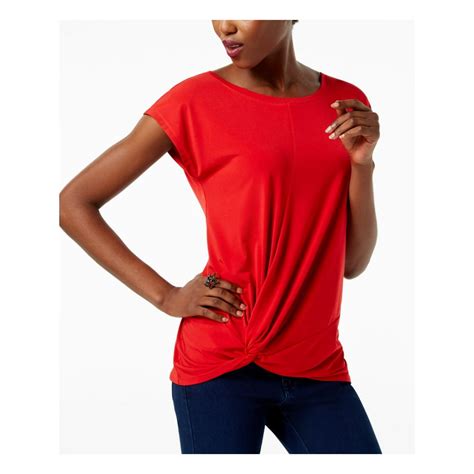 Inc Inc Womens Red Pleated Front Knot Cap Sleeve Crew Neck T Shirt