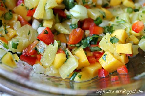 In a medium bowl, stir together mango, avocado, peppers, onion, cilantro, lime juice, and olive oil. Only From Scratch: Pineapple Mango Salsa