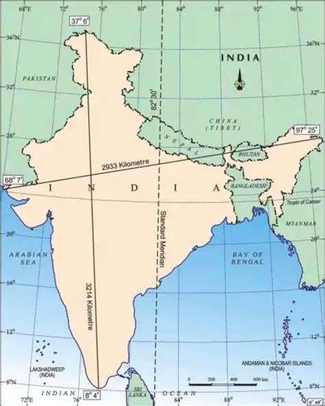 India Extent And Standard Meridian Map