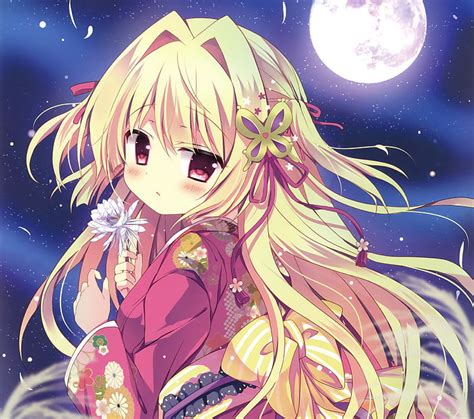 Online Crop Hd Wallpaper Anime Girl Moe Blonde Moon Kimono Shy Expression Night