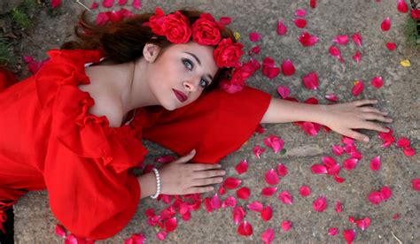 Free Images Girl Woman Flower Petal Red Clothing Wreath Flowers Roses Dress Petals