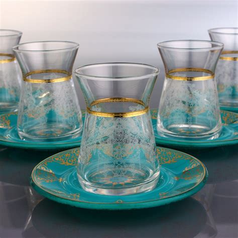 Thin Waist Turkish Tea Set With Turquois Color Saucers 12pcs FairTurk Com