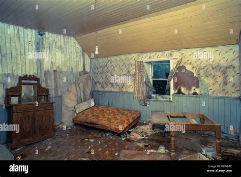 Creepy Derelict Bedroom In An Old Abandoned House Vintage Coulor Cross