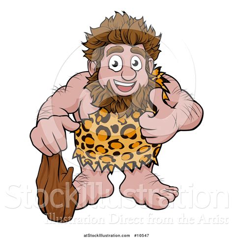 Vector Illustration Of A Cartoon Happy Caveman Holding A Club And