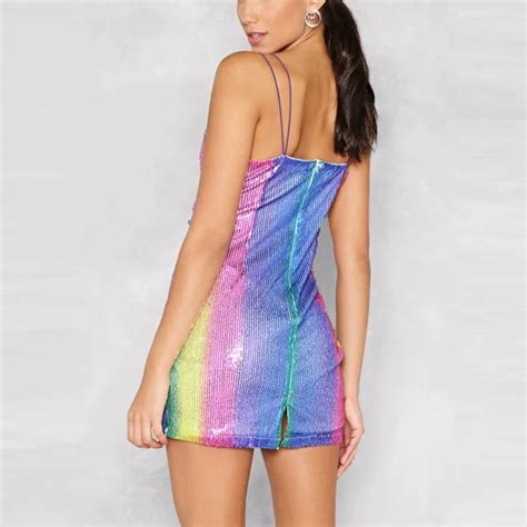 rainbow color strap square neckline sexy bodycon mini dress sequin sexy dress buy woman dress