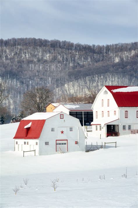 Red Roof Barns In White Snow Winter Landscape Photos For Sale