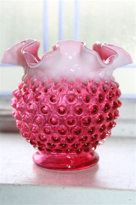 Fenton Hobnail Glass Vase Pink Cranberry Opalescent 1950s