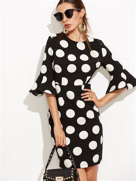 Black Polka Dot Print Ruffle Sleeve Sheath Dress SheIn Sheinside