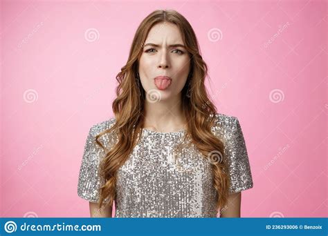 Moody Immature Cute Glamour Rich Spoiled Girl Stick Out Tongue Expressing Dislike Reluctance