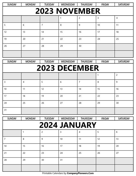 November December 2023 January 2024 Calendar Printable Template