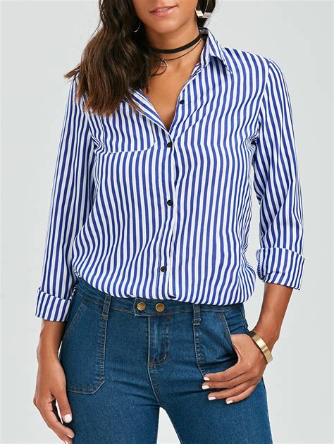 Blue White M Stripes Long Sleeve Formal Shirt