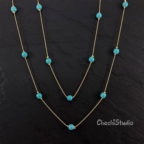 Turquoise Beaded Gold Chain Necklace December Birthstone Etsy UK