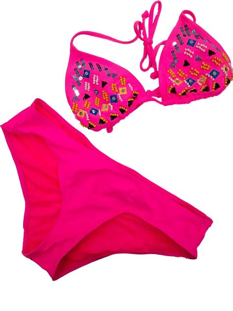 Womens Neon Hot Pink Beaded Tribal Print 2 Piece Swimming Suit Bikini