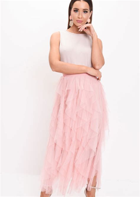 High Waisted Layered Tulle Ruffle Midi Ruffle Skirt Pink Lily Lulu