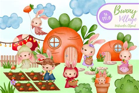 Bunny Village Watercolor Clipart Easter Clipart Png